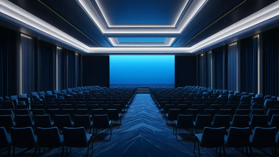 写实摄影风格，现代会议中心主会场内，众多参会者面向大屏幕聆听演讲，氛围专注而热烈，淡蓝与深灰色调为主，远景构图，聚焦舞台与观众互动。