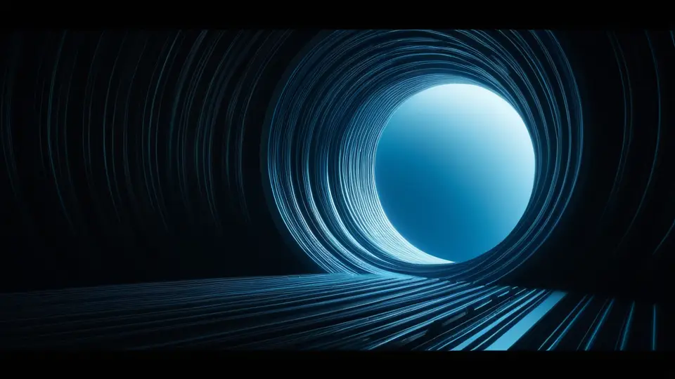 3D渲染，抽象风格，多个半透明的手机应用界面模型悬浮在深蓝色背景中，由流光线条连接，代表生态与连接，构图富有纵深感，科技感色调