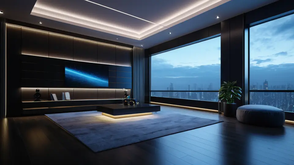 3D渲染风格，一个未来感办公室场景中，开发者团队使用虚拟屏幕协作，屏幕上显示抽象色块、图标和几何形状代表代码与数据流，暖色调配色，动态构图，无任何文字