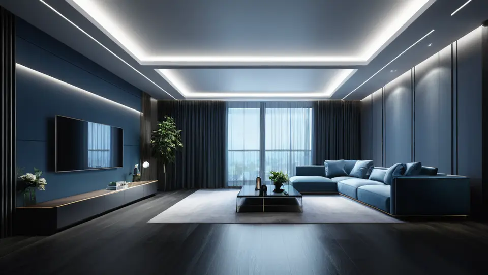扁平插画，一位设计师在电脑前工作，屏幕上显示三维房屋户型图和家具布局方案，淡蓝与暖灰配色，左侧构图，右侧留白