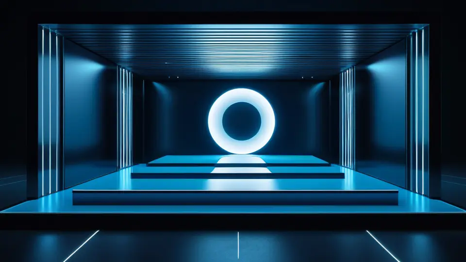 3D渲染，轴测视图展示一个抽象的软件开发生命周期示意图，从需求文档图标经过齿轮、代码模块，最终到用户手中的移动设备图标，科技感配色（深蓝、亮橙点缀），无任何文字标签。