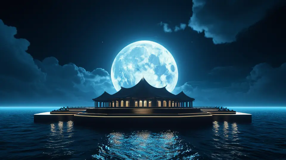 3D渲染，一个象征性的流程图，中心是代表“上海”的建筑群剪影，周围环绕着连接“需求分析”、“UI设计”、“技术开发”、“测试上线”等抽象图标模块，冷色调，中央构图，简洁干净