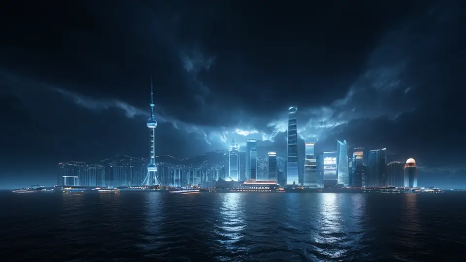 一台台式电脑显示器上，显示着高度定制化的股票交易软件界面，采用扁平插画风格，淡蓝与深灰色调为主，界面内分区布局有K线图、自选股列表和数字跳动区，无任何中文文字，居中构图，背景简洁留白