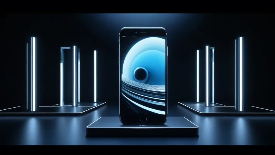 扁平插画，中央是一部正在被线框勾勒的iPhone手机草图，旁边散落着便签纸和铅笔，淡蓝与灰色为主的商务配色，居中构图，大量留白