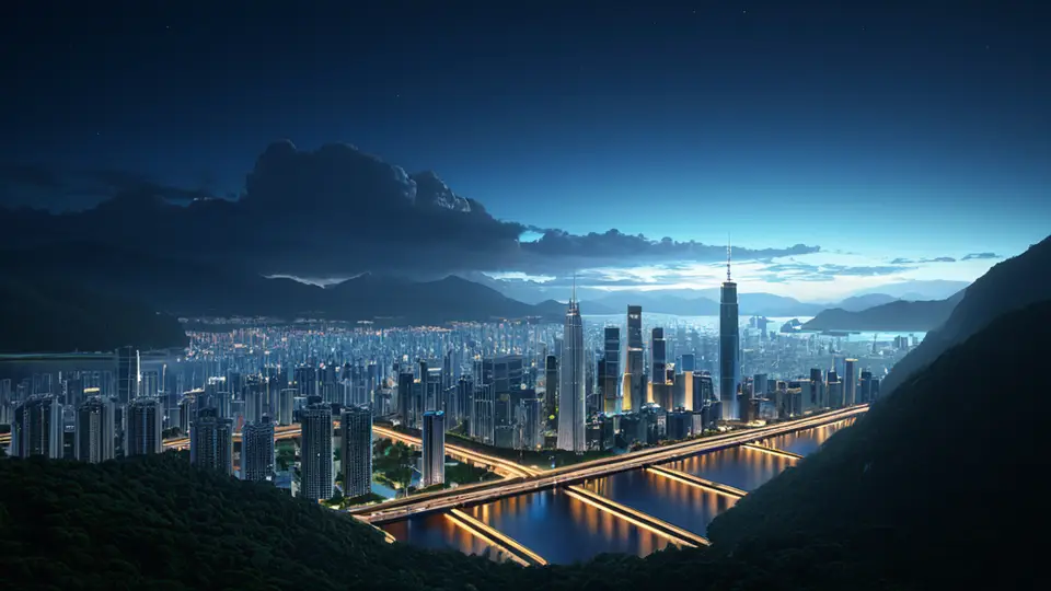 商务示意图，俯视角度展示一个工作台，台上并排放置着一台显示设计图的笔记本电脑和一个已组装完成的、造型独特的半透明机械键盘实物，暖色调灯光，营造出从设计到成品的连贯感。
