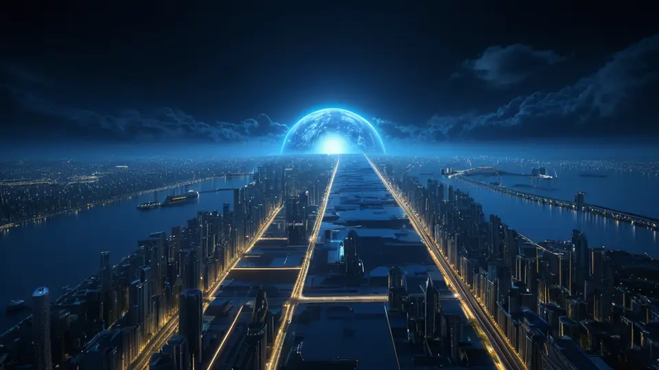 3D渲染，一个半透明的立方体软件架构示意图，悬浮在桌面上，旁边放着一枚芯片，淡蓝配色，中央构图，科技感