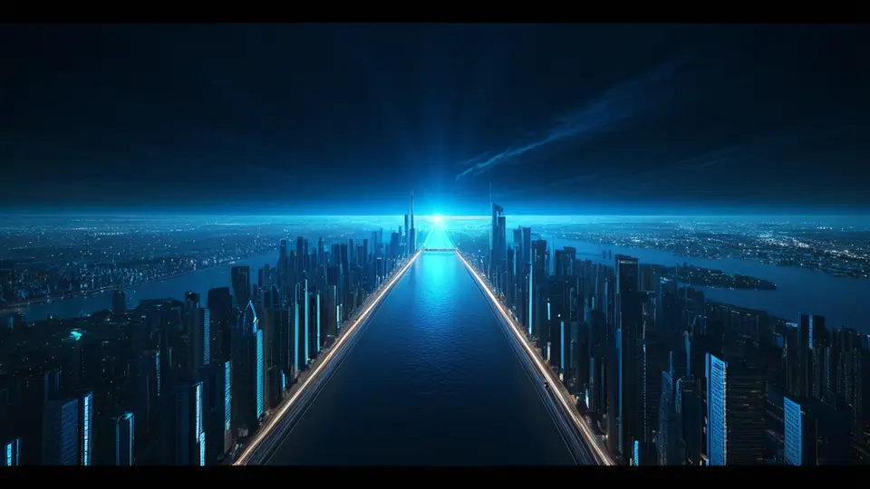 商务示意图，流程图从“需求分析”、“原型设计”、“开发测试”到“部署培训”，以箭头连接各步骤方框，蓝绿色调，俯视构图
