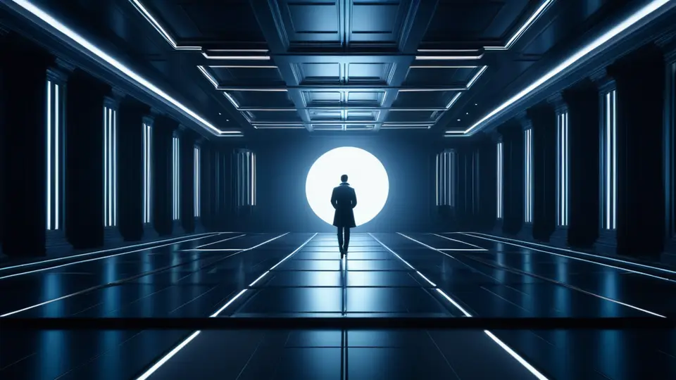 商务示意图，一张桌子周围坐着几位专业人士，正共同审视一块白板上的流程图与架构图，淡蓝与灰色为主色调，中央构图，体现协作与规划