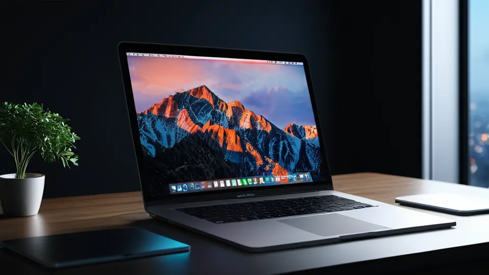 3D渲染风格，一个现代化的办公室会议桌，中央放着一台MacBook，屏幕上显示着抽象的App界面线框图（由色块和几何图形构成，无任何文字），周围有几个人物模型在讨论，淡蓝与白色为主色调，俯视角度构图