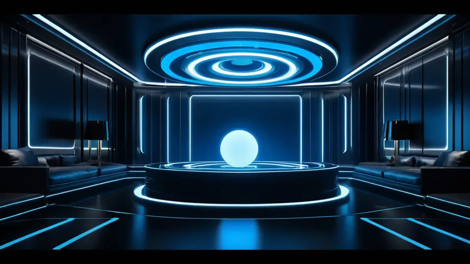 3D渲染，一个抽象的软件开发生命周期时间轴，由连接的里程碑图标（如灯泡、齿轮、握手、火箭）构成，科技蓝色调，斜侧构图，简洁专业