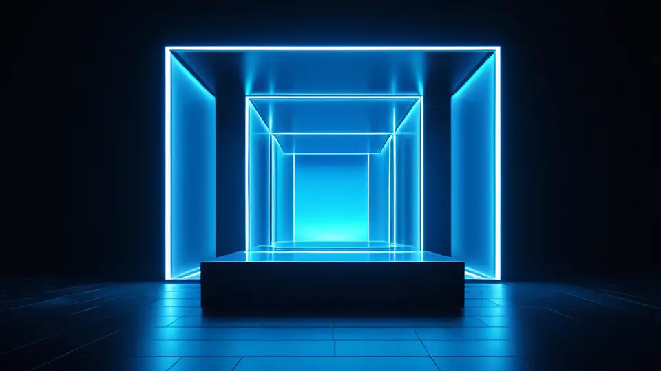 3D渲染，一个简洁的桌面场景，中心是一个发光的圆形图标，内含PWA字样，周围环绕着齿轮、云朵和移动设备轮廓的半透明图标，象征技术融合，蓝紫色渐变主色调，焦点集中，背景为深色网格