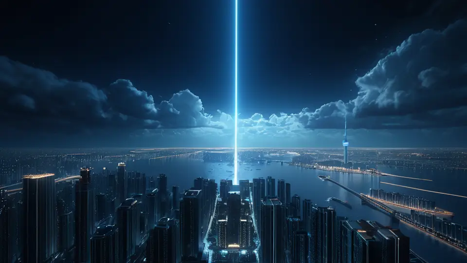 商务示意图，一个简约办公场景，中央是一台大显示器和一台平板电脑，显示器上展示着照片排版软件的多面板界面（用色块、图标、网格布局表示），平板电脑显示预览效果，淡蓝与浅灰主色调，对称构图，背景干净留白