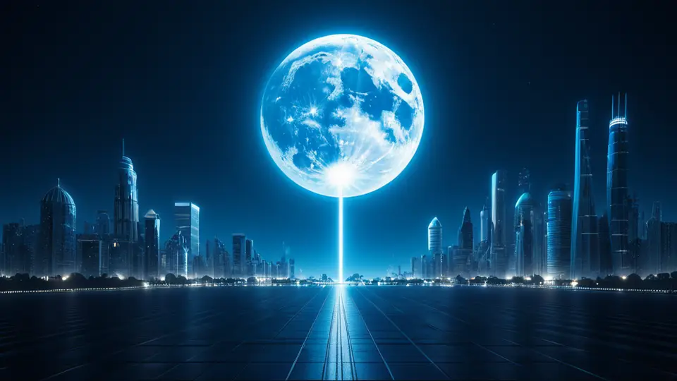 3D渲染，一个抽象的地球模型，多个发光的连接线从地球的不同城市延伸出来，汇聚于中心的一个数字化芯片，象征全球技术协作，深蓝色与科技蓝配色，中心构图，留有大量负空间
