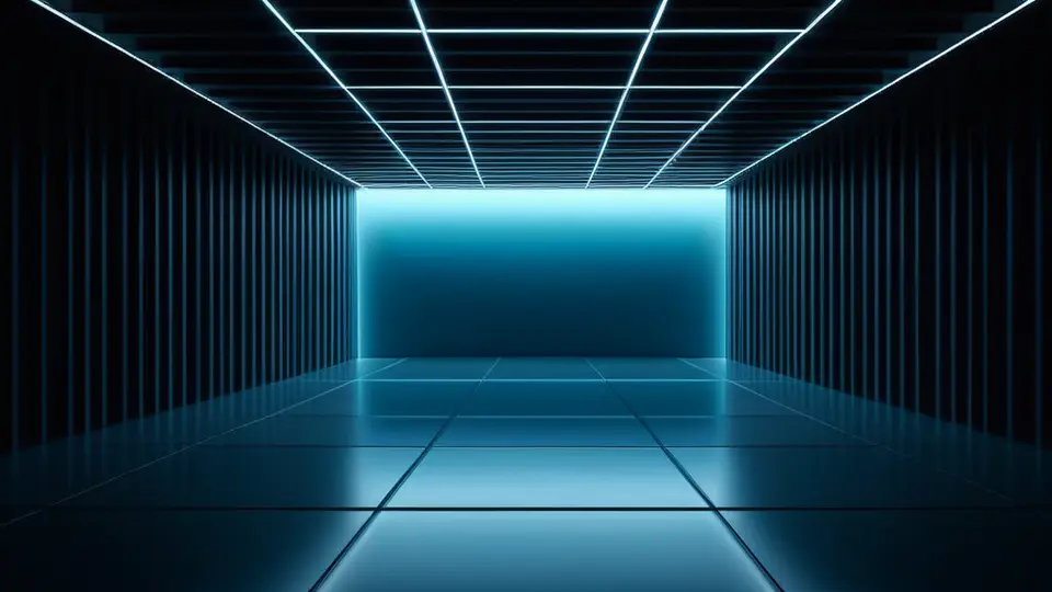 3D渲染，风格简约，画面中心是一个悬浮的透明立方体，内部有不同颜色的抽象模块正在自动拼接组合，背景是深灰色网格线，科技感配色（蓝、绿、白），俯视角度构图