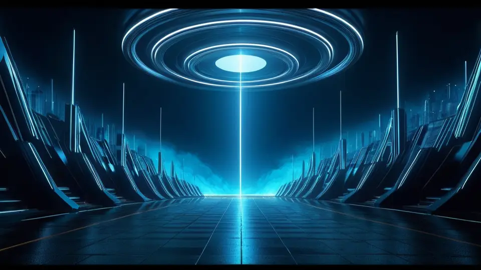 3D渲染，一个大型商场中庭矗立着一个充满未来感的盲盒营销活动主视觉装置。装置由发光线条与透明几何体构成，象征数据与连接。淡蓝色与科技银主色调，中央构图，四周留白，体现高端与科技感。