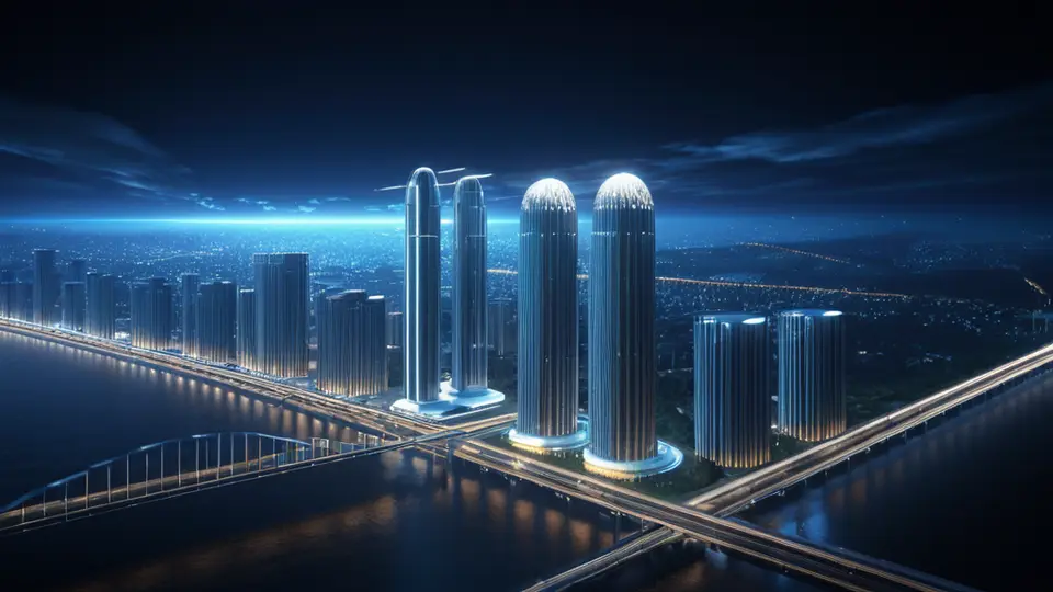 3D渲染风格，俯视视角，展示一个现代化的团队工作场景，中央是一个大型触控屏显示应用原型图，周围几位工程师和设计师正在讨论，桌面有笔记本电脑和咖啡杯，整体色调为科技蓝与白色，构图饱满，充满协作氛围。