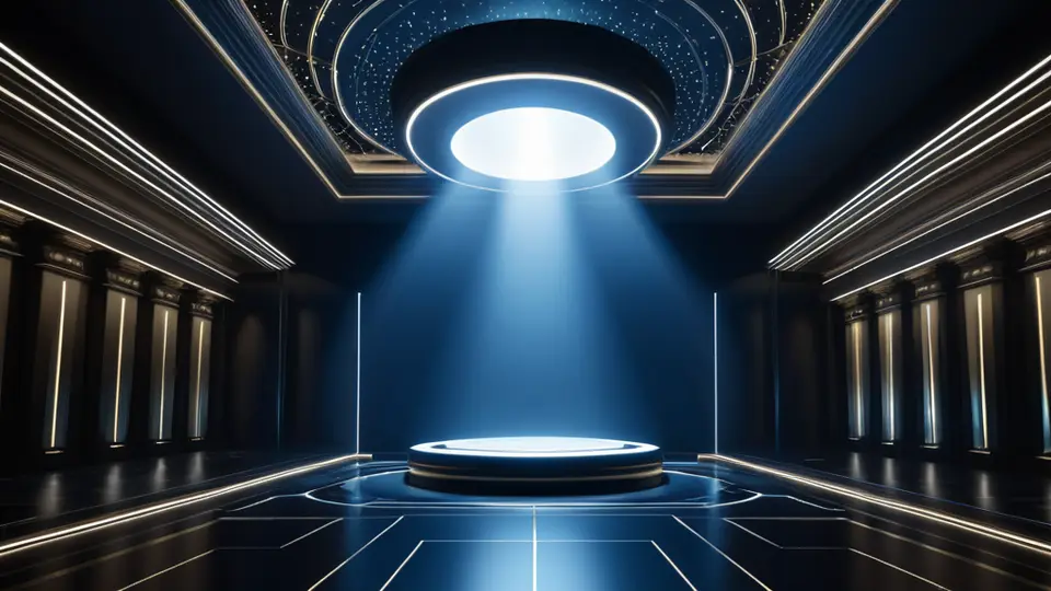 3D渲染，展示一个手机界面被分解成多个层，其中网格线作为基础层清晰可见，其他UI组件模块化地吸附在网格线上，灰白主色调，立体透视构图