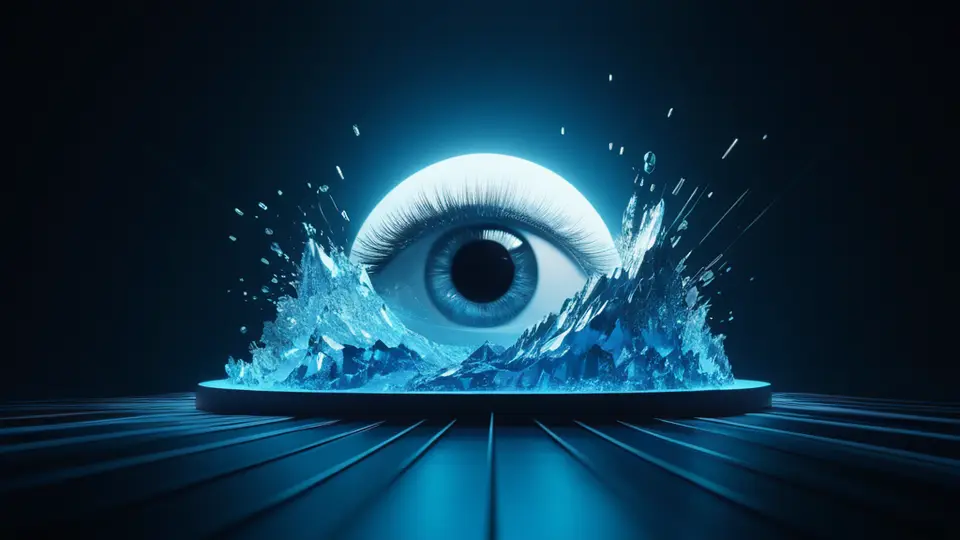 3D渲染，一个复杂的工业齿轮系统与一个简洁的软件代码界面通过光流连接，象征定制化整合，深蓝与银灰色调，对角线构图，科技感
