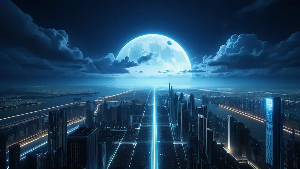 3D渲染，一个发光的立方体数字魔方悬浮在空中，魔方的各个面由不同的抽象图标（如购物车、齿轮、对话气泡）组成，象征小程序的不同功能模块，深蓝色科技感背景，中心构图，有微光粒子效果