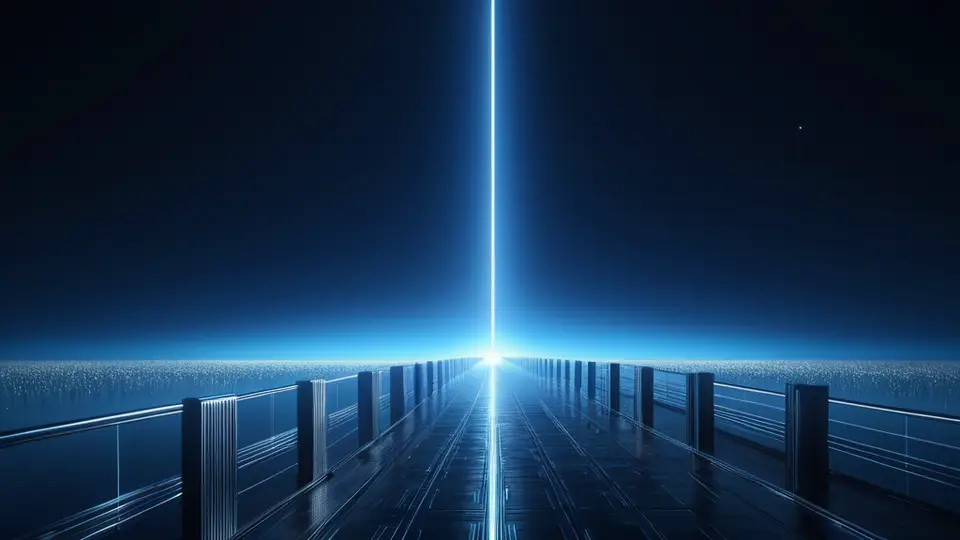 3D渲染，一个现代感十足的亚克力材质公众号标牌，悬浮在简约的办公桌上方，标牌上是一个清晰的二维码图标和抽象的社交连接图形，主色调为科技蓝与白色，采用中央构图，背景干净留白