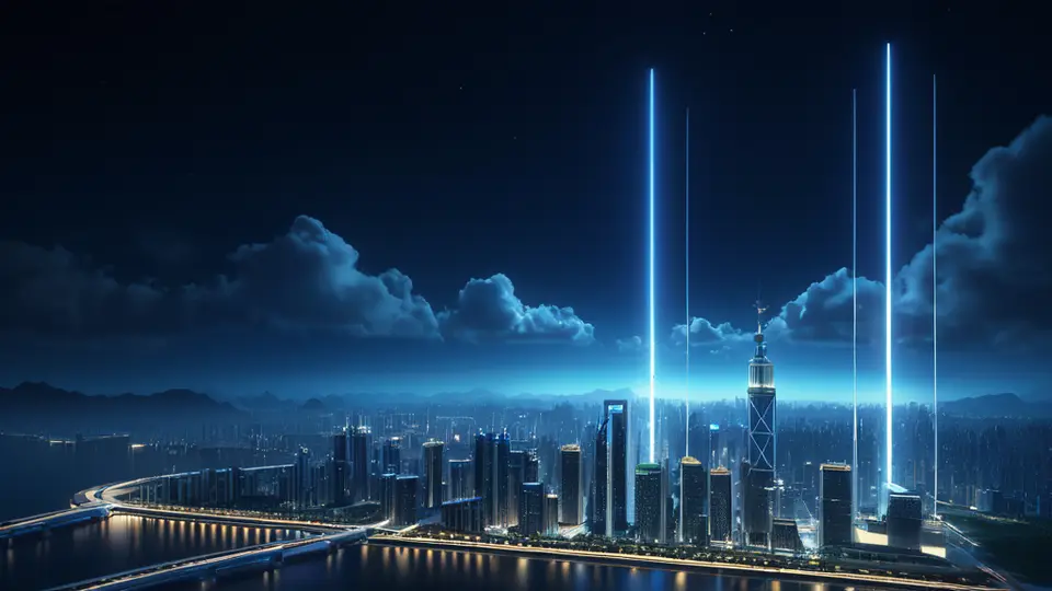 3D渲染，一张中国电信SIM卡悬浮在地图上方，地图上有多个城市光点连接，象征异地办理，科技蓝主色调，中央构图，简洁干净