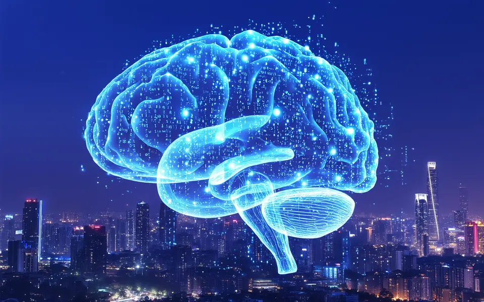 3D渲染，一个由发光代码流和齿轮构成的抽象数字大脑，悬浮在南京城市天际线背景之上，象征技术与城市的融合，蓝紫色调，中心构图，科技感