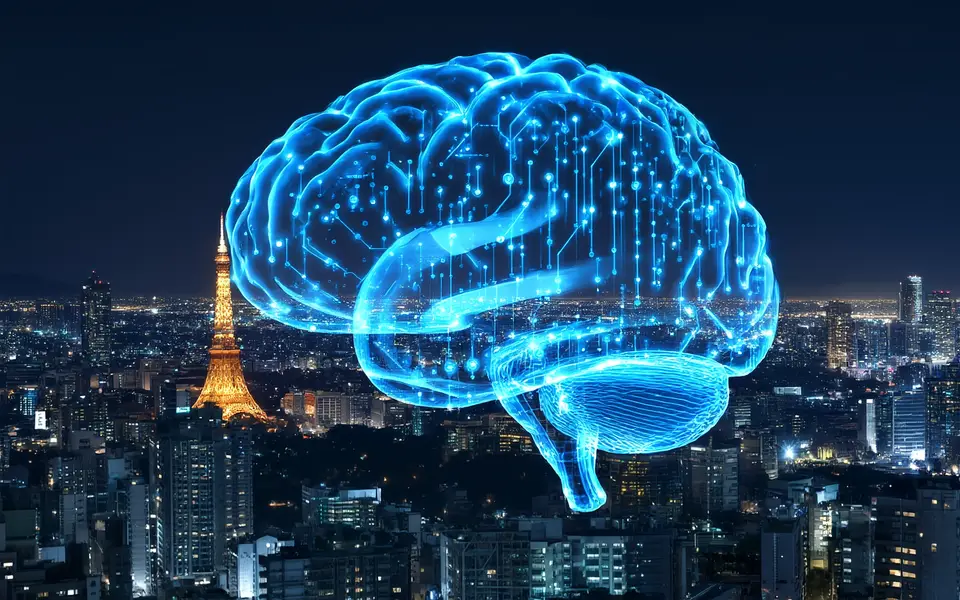 3D渲染，一个抽象的数字大脑由电路和代码流构成，悬浮在东京城市天际线上方，象征AI赋能日本科技产业，深蓝与科技蓝主色调，中心构图，充满未来感