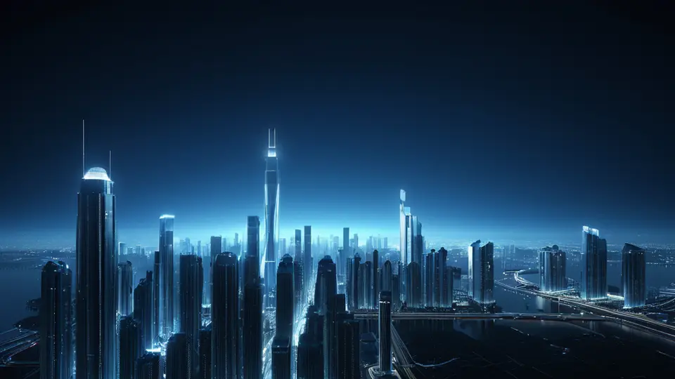 3D渲染，一个年轻人站在深圳地标建筑剪影前，手持一部智能手机，屏幕显示抽象的信号图标和SIM卡图案，背景是蓝天白云，整体风格简洁现代，采用科技蓝与白色为主色调，中央构图