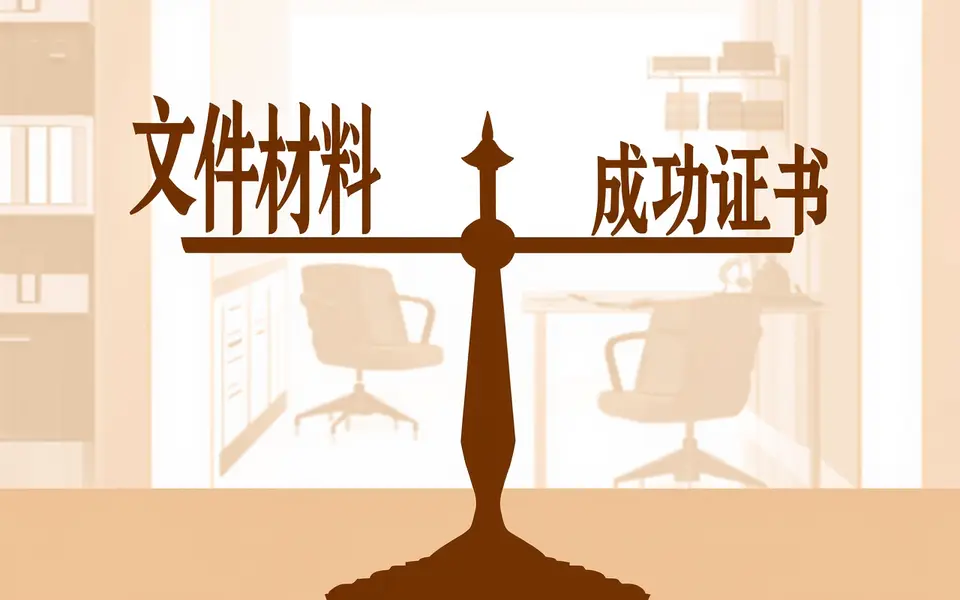 商务示意图，一个天平两端分别放置“文件材料”和“成功证书”的抽象图标，背景是简洁的办公室场景，采用暖色调，对称构图，象征服务与成果的平衡
