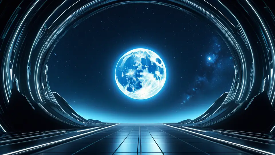 3D渲染，一个由齿轮、电路板和卫星图标构成的复杂机械装置，装置中心发出一道柔和的光束指向一个虚拟的地球模型，象征技术原理，冷色调科技蓝，对称构图