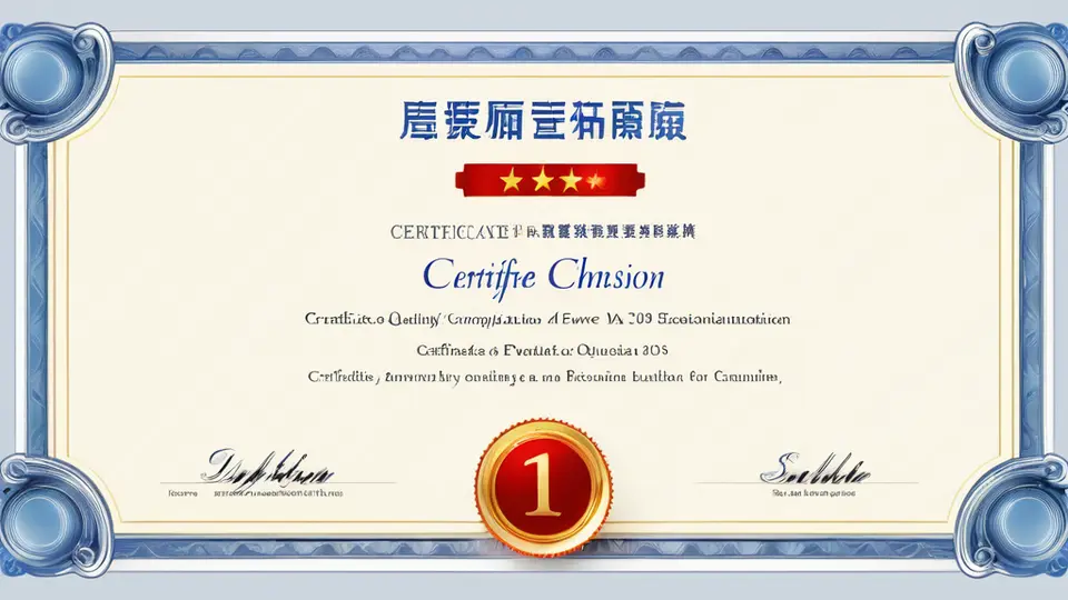 扁平插画，一位开发者坐在办公桌前，面前屏幕显示抽象的代码和文档图标，桌面上放着一份标有“Certificate”的文件，淡蓝与白色为主色调，中央构图，大量留白