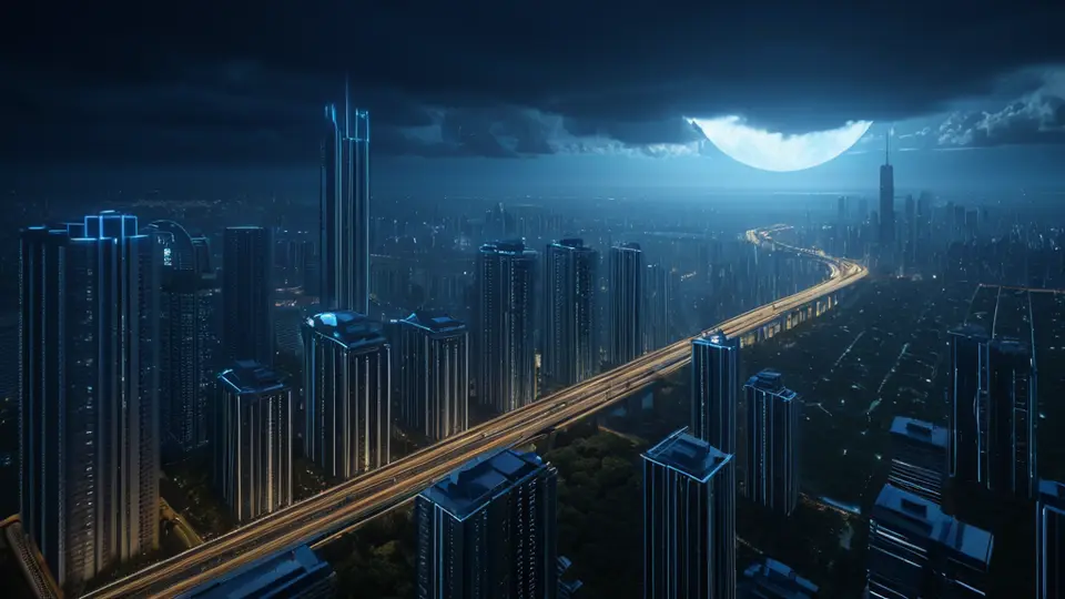 商务示意图，一个抽象的城市轮廓（代表济南）与一个发光的微信公众号图标通过数据流连接，淡蓝与科技蓝配色，居中构图，大量留白