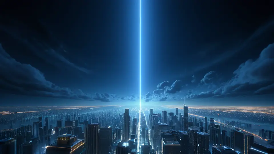 3D渲染，一个发光的手机屏幕悬浮在空中，屏幕上有抽象的信号图标和用户头像轮廓，背景是淡蓝色科技感网格，中央构图，留白充足