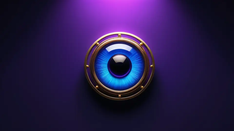 3D渲染，一组抽象的AI神经网络节点与抖音Logo图标（英文‘Douyin’）交织在一起，蓝色与紫色为主色调，科技感，对称构图