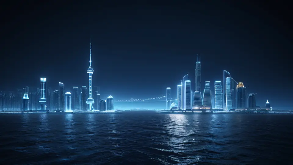 3D渲染，一个未来主义风格的控制中心，中央悬浮着一个由多个发光模块（代表UI、数据库、API）通过光线连接的立体架构，旁边有一个AI机器人手势指引，科技感配色（深蓝、银白），俯视构图