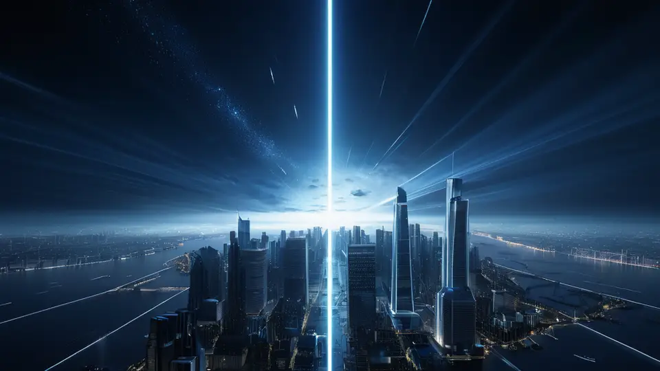 从空中俯视多个手机设备围绕中心点连接，形成网络示意图，抽象数据流在设备间流动，商务科技插画风格，深蓝与白色配色，中心构图，象征连接与网络拓展