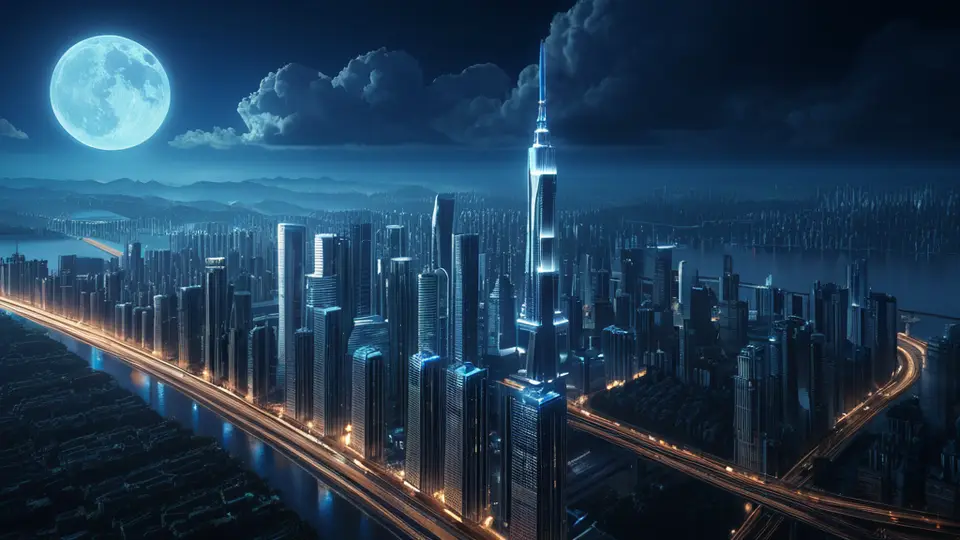 3D渲染，一个发光的微信公众号图标悬浮在东莞城市天际线之上，下方是连接工厂、商店与消费者的抽象数据流，蓝色与橙色为主色调，科技感与商业感并存，居中构图，留有大量天空空间