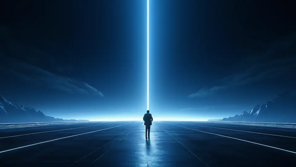 3D渲染，一个发光的微信图标悬浮在中央，周围环绕着代表网站、数据、用户交互的抽象几何图形和连接线，科技蓝与白色为主色调，深色背景，中央构图