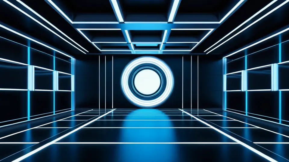 3D渲染风格，展示一个抽象的技术架构图，中心是一个代表“框架”的发光立方体，周围有多个半透明的模块（如用户、消息、支付）通过光线与之连接，背景为深色，采用对称构图，突出框架的核心枢纽作用