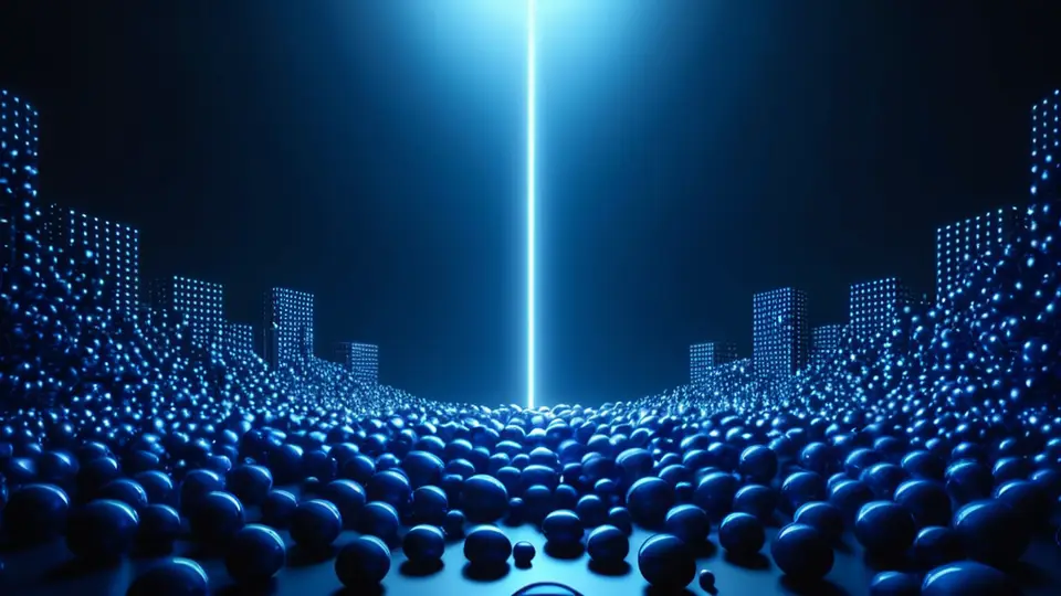 3D渲染，一个发光的AI芯片与数据流连接着齿轮和电路板，象征技术驱动，科技蓝与银色配色，中心构图，背景简洁