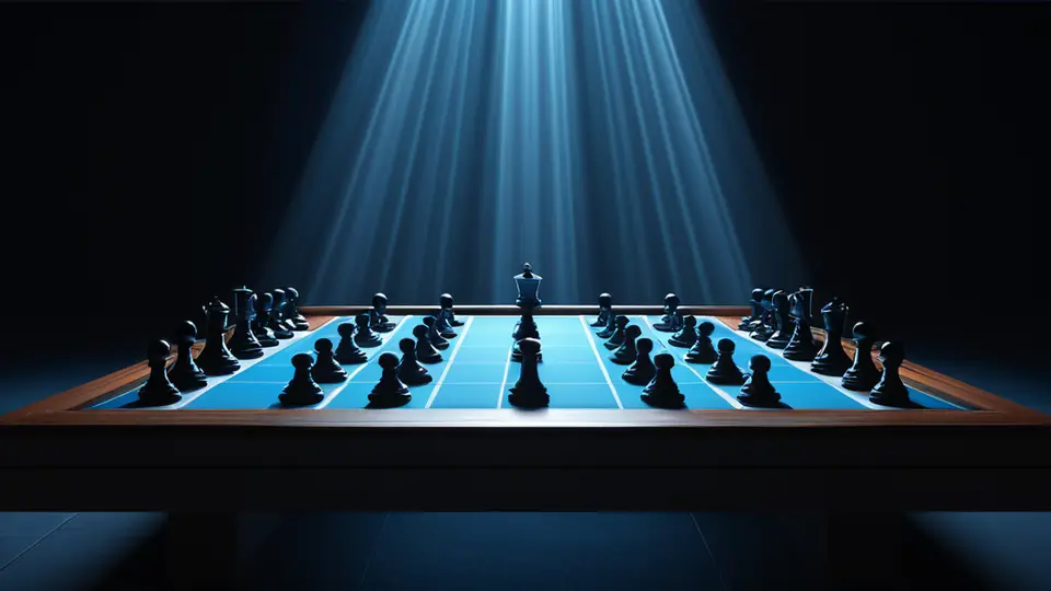 扁平插画，一个抽象的人形机器人与一个抽象的人形轮廓隔着棋盘对坐，棋盘上有黑白棋子，蓝色科技感主色调，对称构图，留白充足
