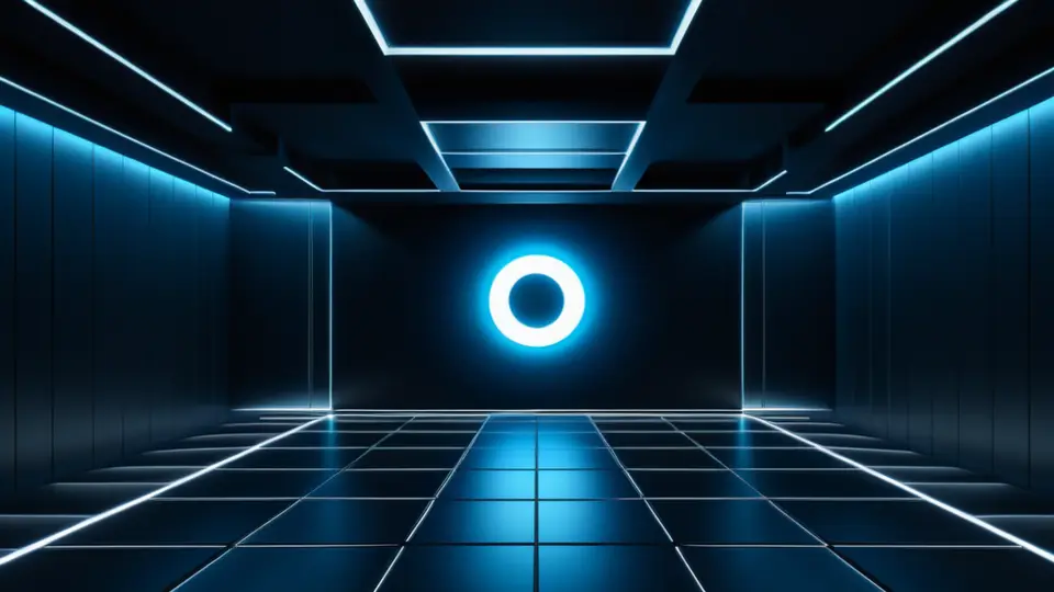 3D渲染，一个抽象的软件架构模型，展示模块化组件和连接线，象征定制开发过程，科技蓝与灰色配色，俯视角度，简洁构图