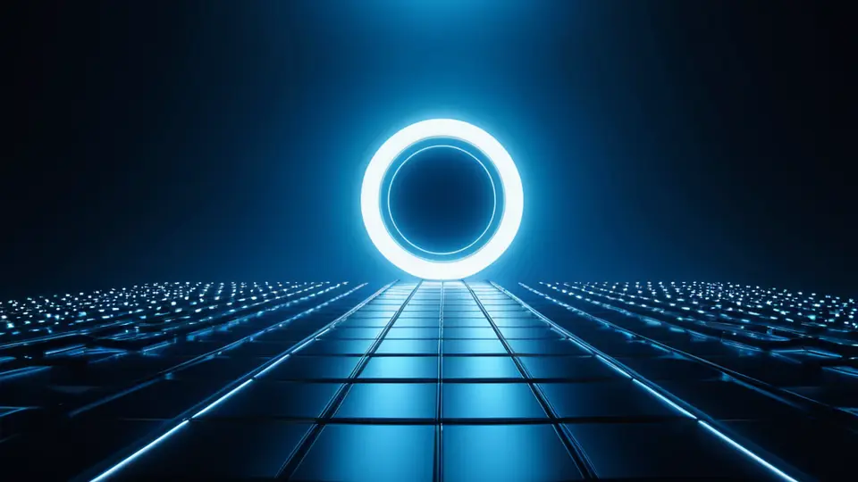 3D渲染，一个抽象的通信网络概念图，由多个发光节点和连接线构成，中心有一个代表“开卡”的卡片图标，科技蓝与白色配色，立体透视构图