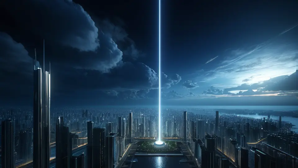 3D渲染风格，一个未来感十足的智慧城市沙盘模型，其中一栋建筑的外墙覆盖着动态数据流和网络节点，象征AI的连接与优化，采用冷色调与金属质感，俯视构图