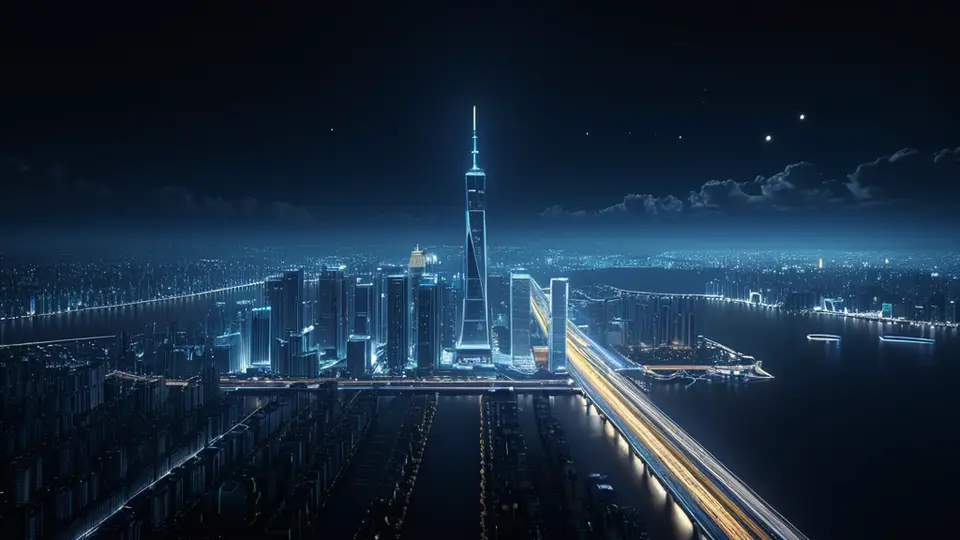 写实摄影，广州城市天际线与珠江夜景，前景一台智能手机屏幕亮起，显示一个简洁的小程序启动图标，暖黄色调，黄金时刻光线，城市与科技融合的构图