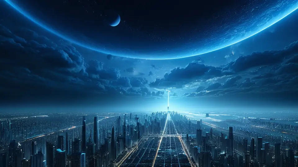 3D渲染，一个透明的地球仪悬浮在空中，表面有发光的数据流和连接线从亚洲延伸到欧洲和美洲，蓝色科技感配色，中心构图，背景深蓝