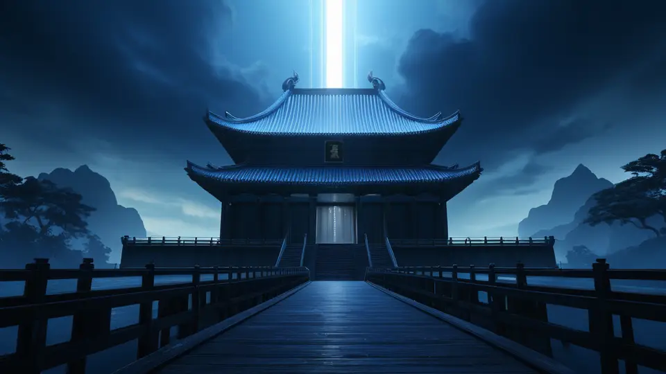 扁平插画，一位开发者在武汉黄鹤楼背景前的电脑前工作，屏幕上显示抽象的小程序界面设计图（无文字），蓝白主色调，中心构图，留白较多