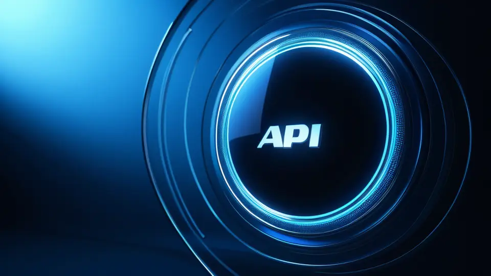 3D渲染，一个发光的微信公众号logo悬浮在中央，周围环绕着代表API、数据库、服务器的抽象图标和连接线，科技感蓝紫配色，对称构图