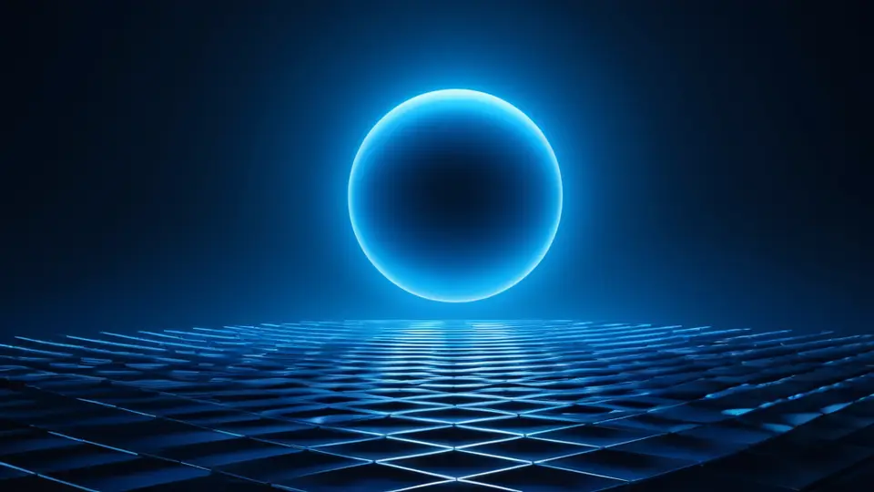3D渲染，一个发光的蓝色数据中枢节点连接多个移动端图标，深蓝与科技蓝配色，中心构图，背景为抽象网络网格