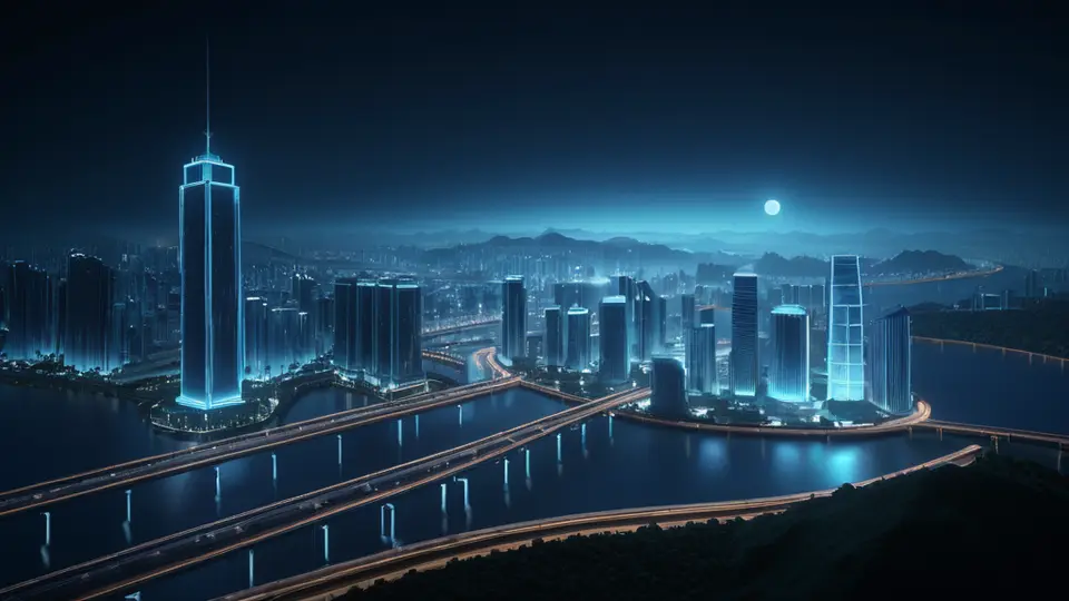 一张中国地图，上面用不同颜色的光点和连接线示意跨区域的通信服务，扁平插画风格，蓝色与白色为主色调，中央构图，简洁明了